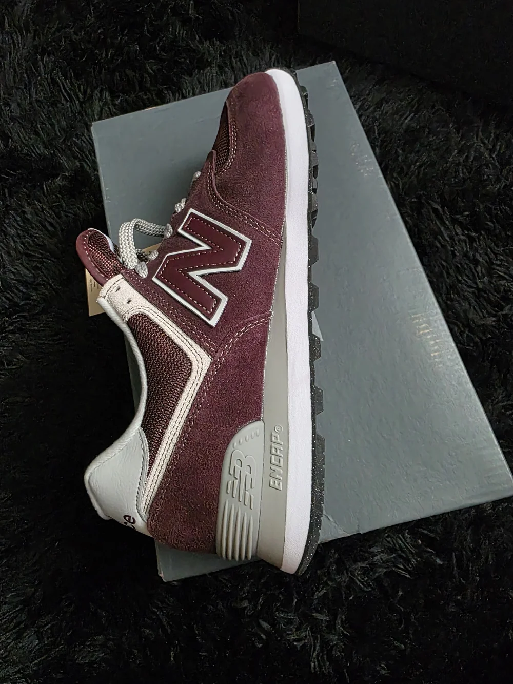 New Balance Burgundy & White Suede Sneaker (Rear View)
